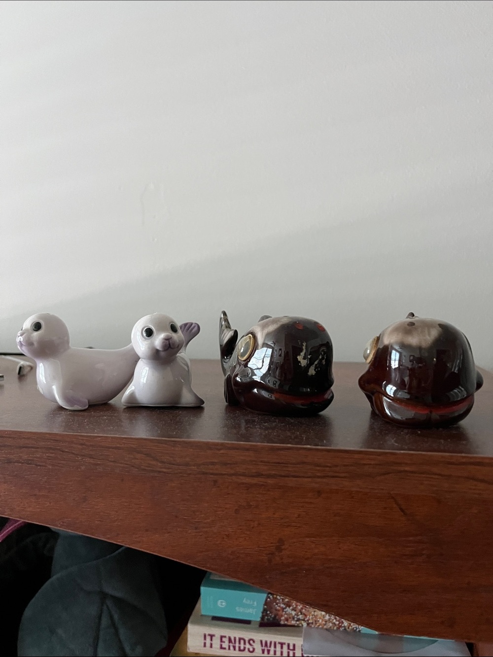 Antique pair of Ceramic Seal Whale Salt & Pepper Shaker Setx2 Brown and White